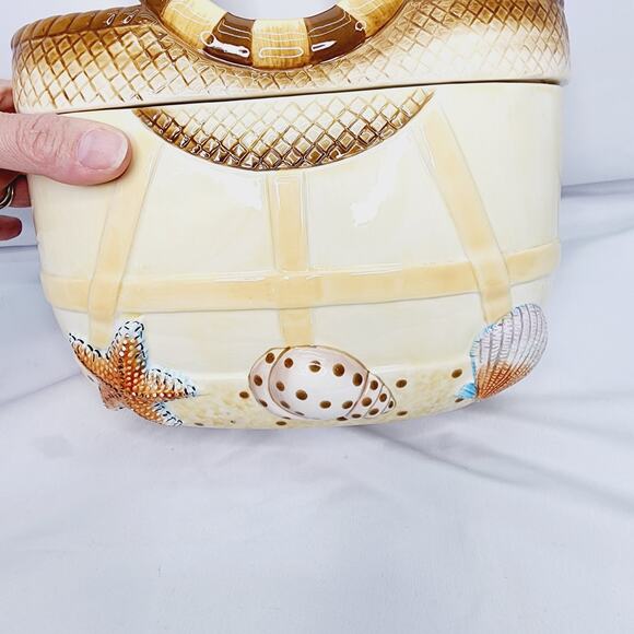Vintage Ceramic Beach Bag Shape with Shells 9.5  Nautical Cookie Jar - Picture 2 of 13